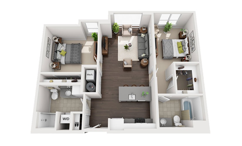 B-D1 - 2 bedroom floorplan layout with 2 bathrooms and 1058 square feet