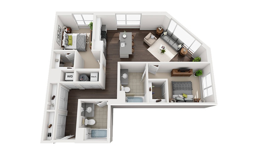 B-D3 - 2 bedroom floorplan layout with 2 bathrooms and 1187 square feet