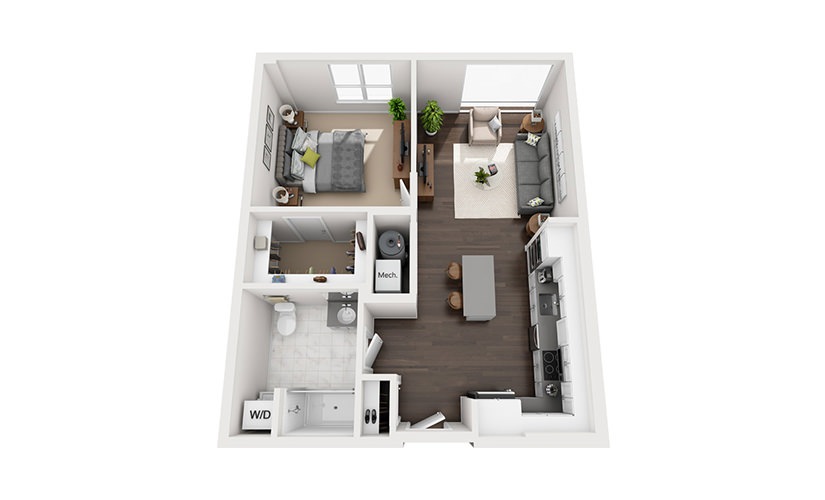 B-B2-2A - 1 bedroom floorplan layout with 1 bathroom and 738 square feet