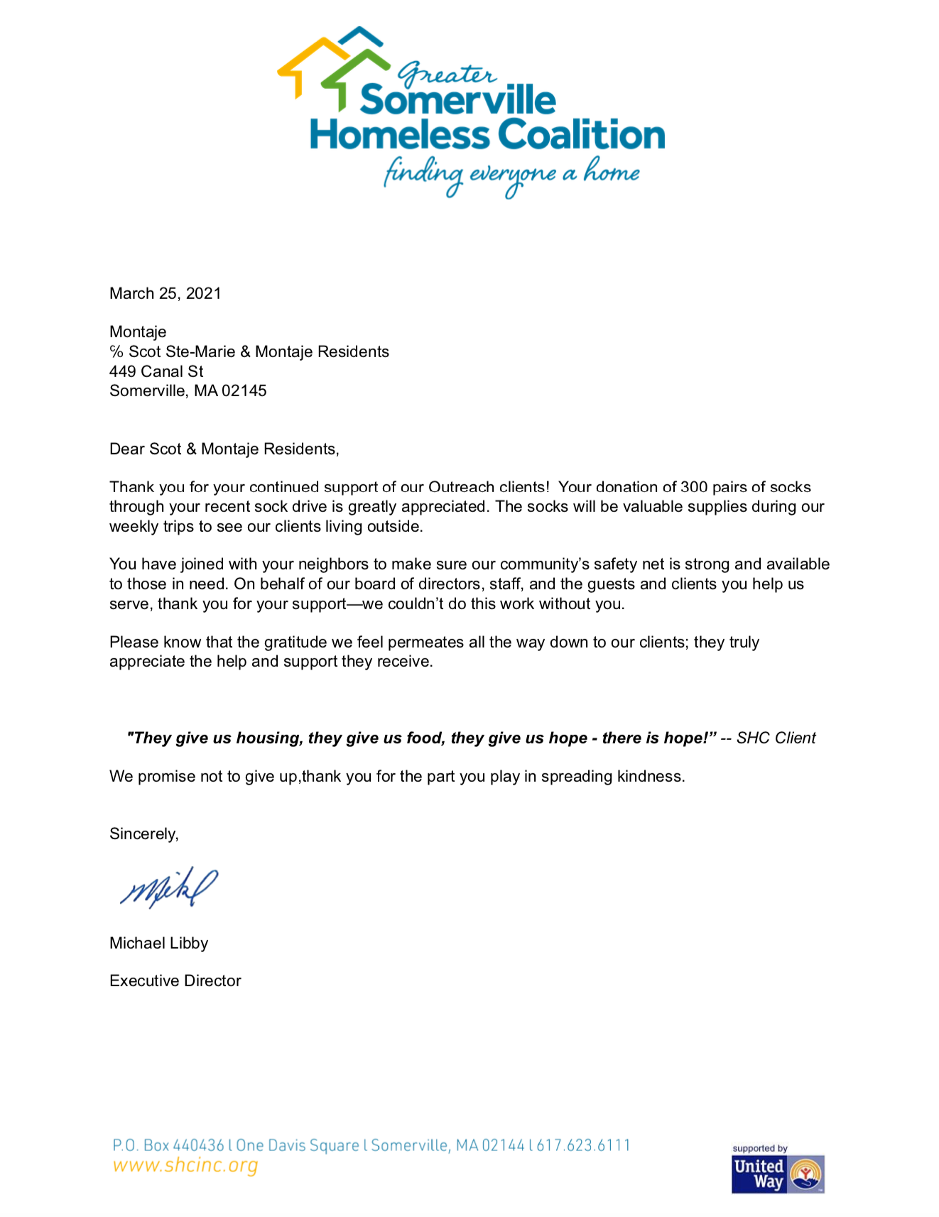 thank you letter from summerville homeless coalition